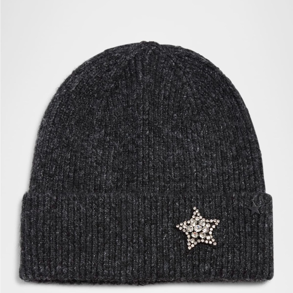 Jocelyn Grey Knit Wool-blend Beanie with Star Embellishment